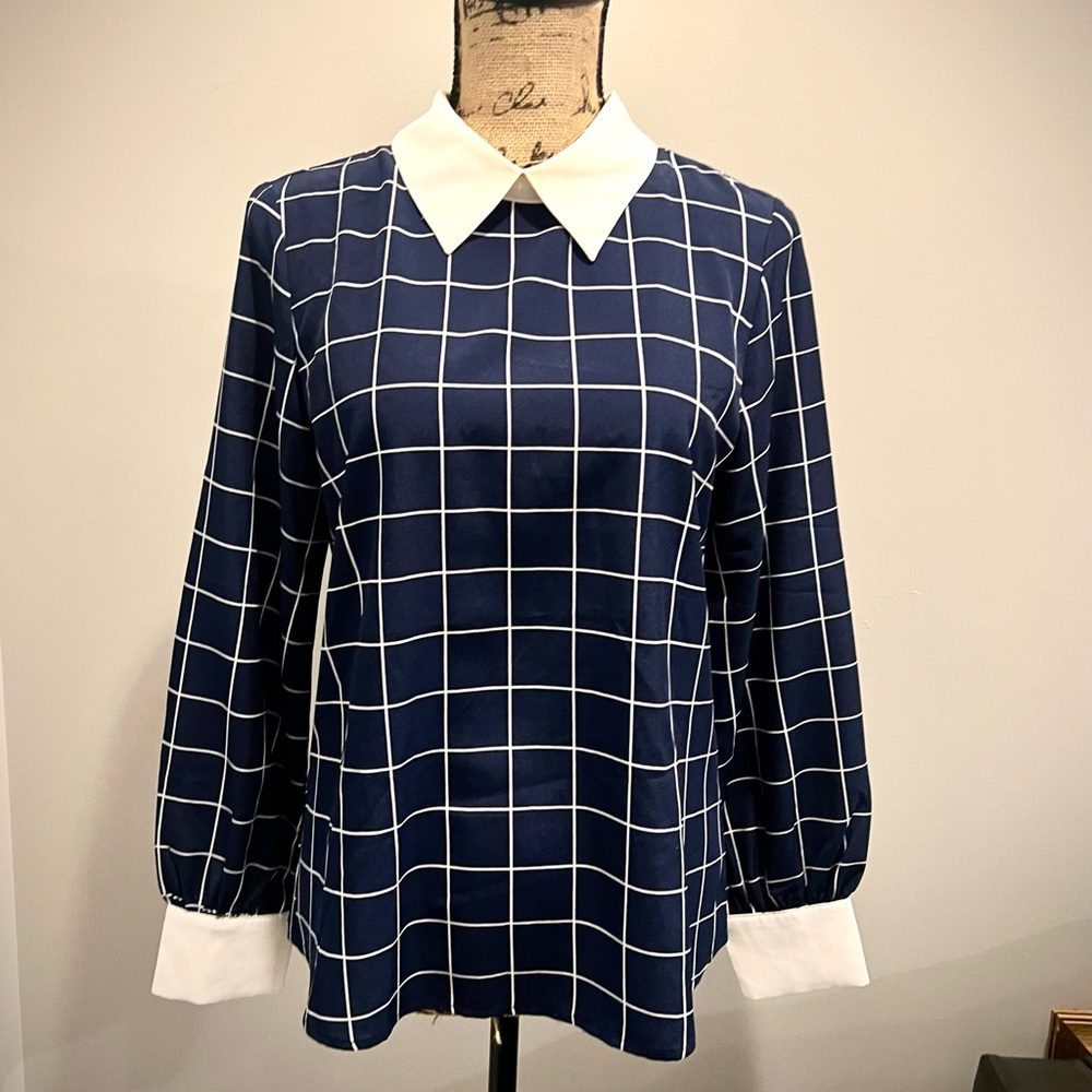 Navy Windowpane Blouse with White Collar